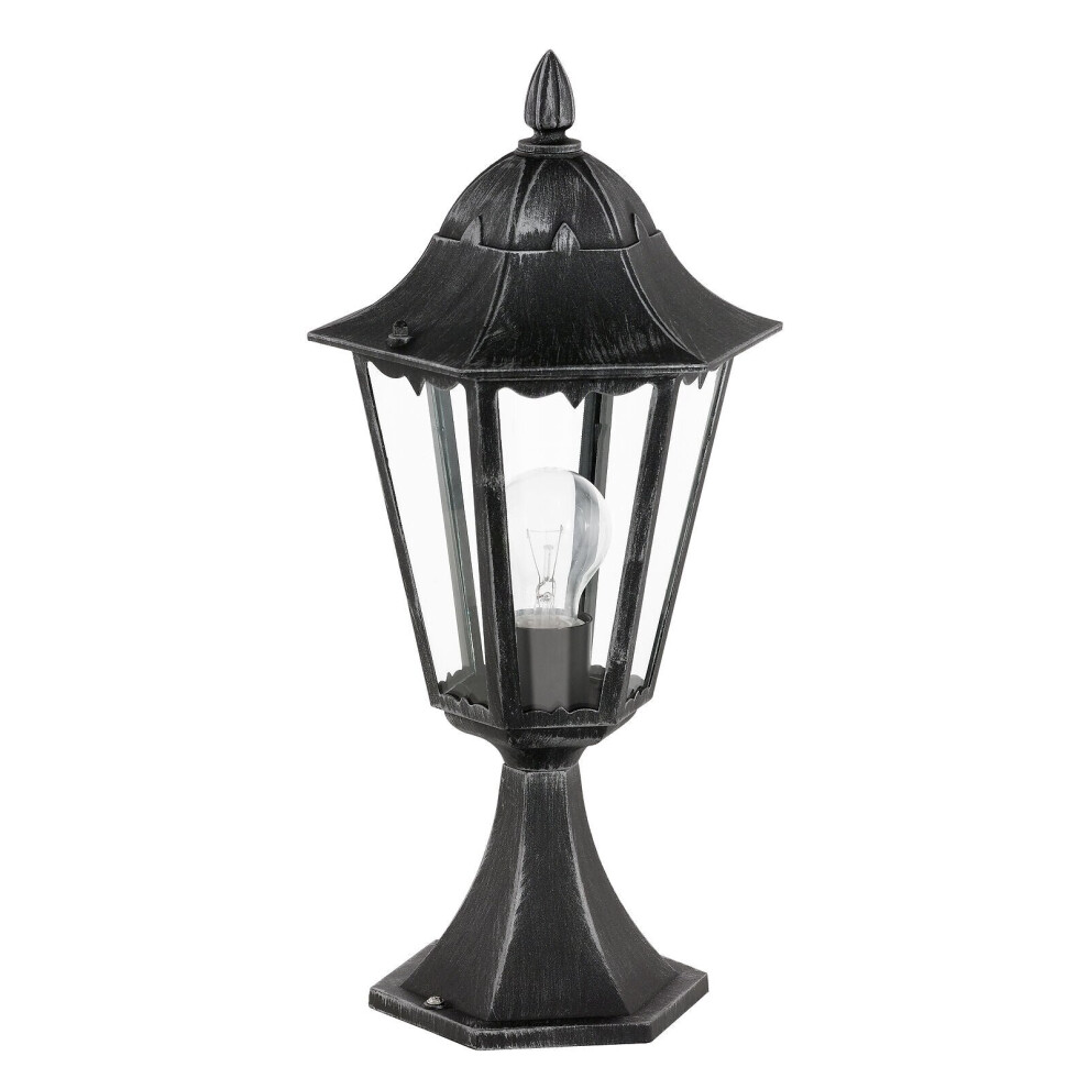 IP44 Outdoor Pedestal Light Black & Silver Patina Lantern 1 x 60W E27 Bulb