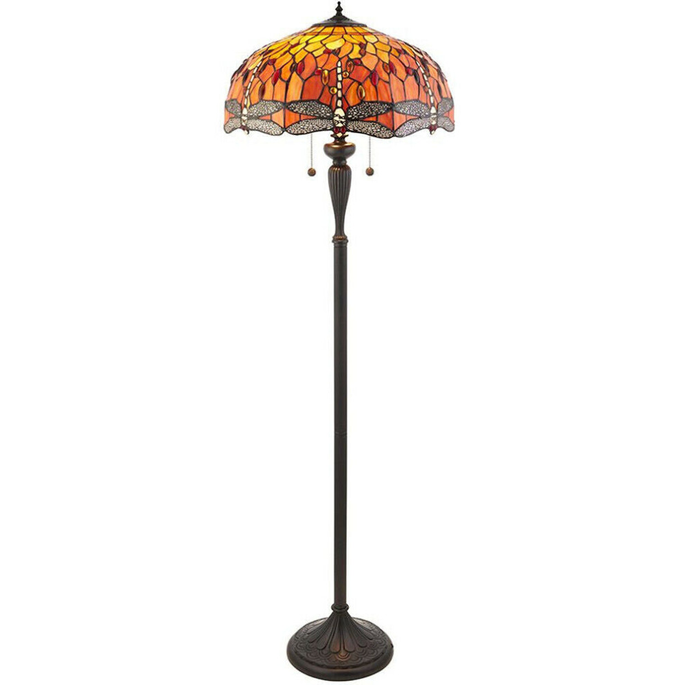 1.5m Tiffany Twin Floor Lamp Dark Bronze & Dragonfly Stained Glass Shade i00014