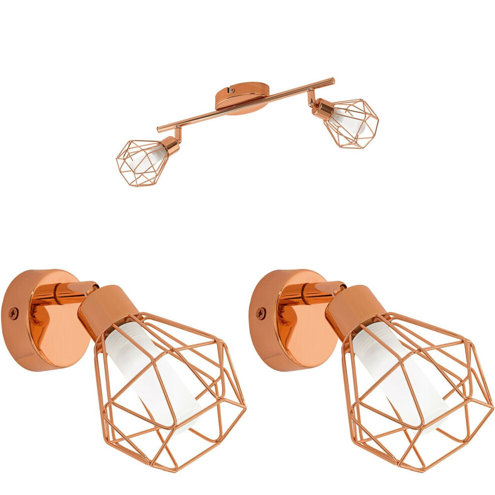 Loops Twin Ceiling Spot & 2X Matching Wall S Copper Geometric Wire Cage Light