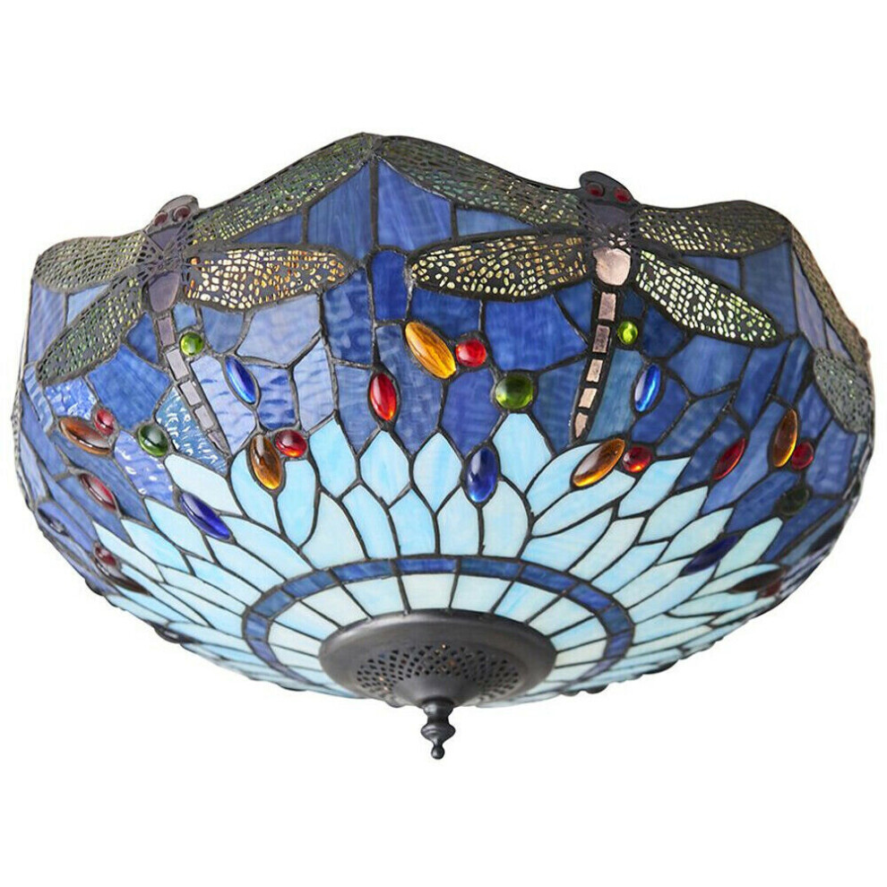 Tiffany Glass Semi Flush Ceiling Light Blue Dragonfly Inverted Shade i00044