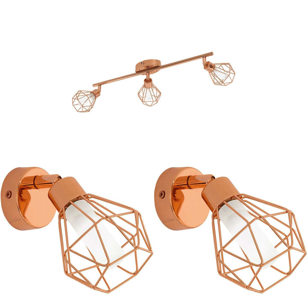 Ceiling Spot Light & 2x Matching Wall Lights Copper Geometric Wire Cage Shade