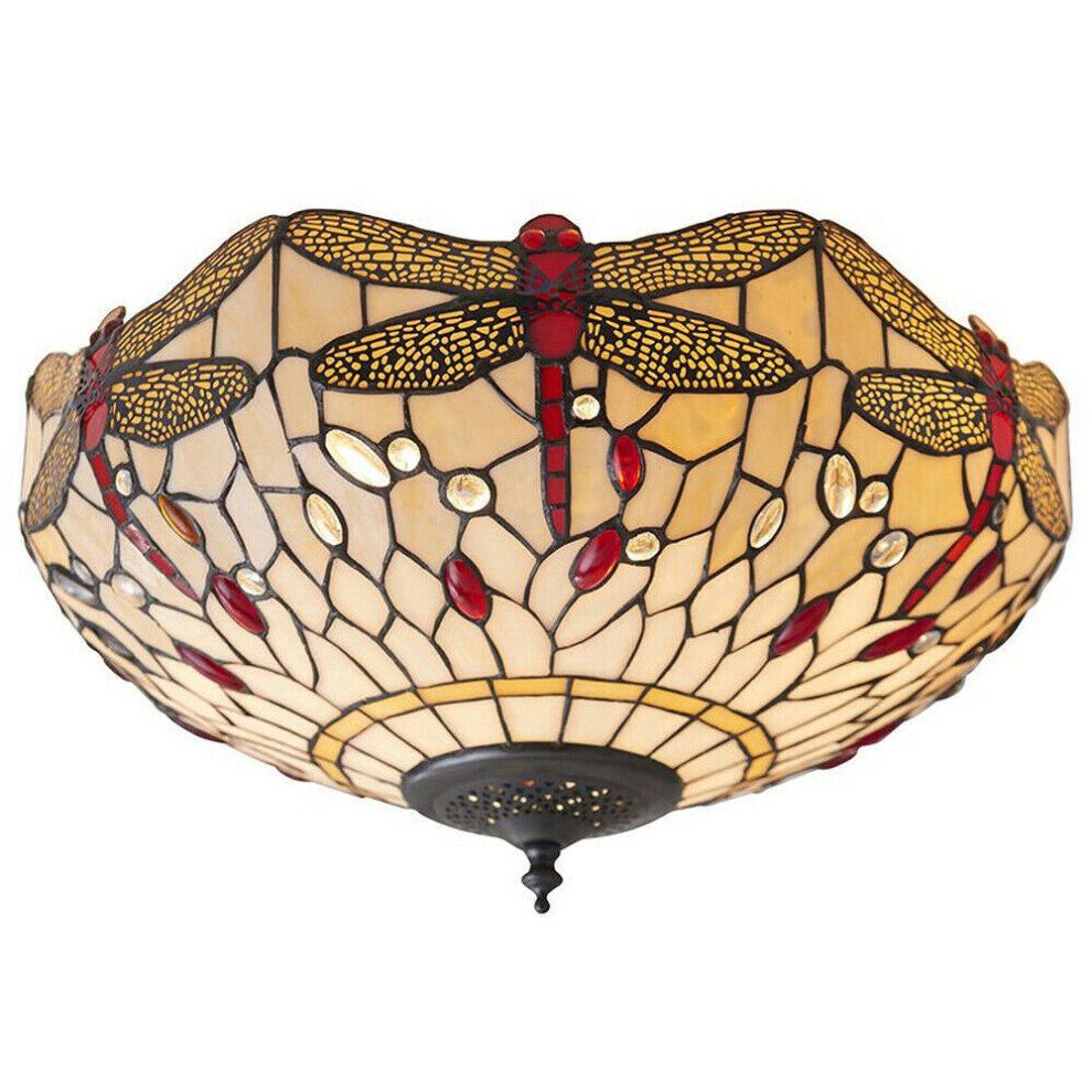 Tiffany Glass Semi Flush Ceiling Light Dragonfly Round Inverted Shade i00043