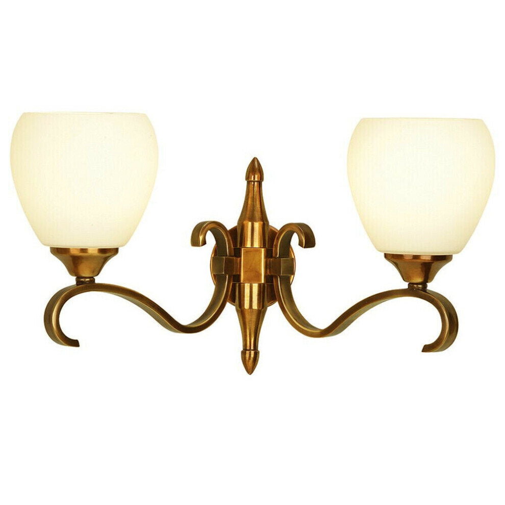 Luxury Traditional Twin Arm Wall Light Antique Brass Opal Glass Shade Dimmable