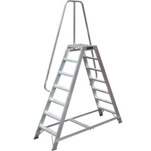 Loops 1.7m Heavy Duty Double Sided Fixed Step Ladders Safety Handrail & Wide Platform