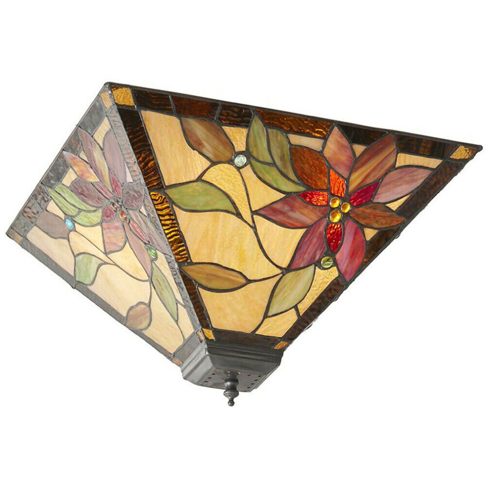 Tiffany Glass Semi Flush Ceiling Light Red Flower Inverted Square Shade i00053