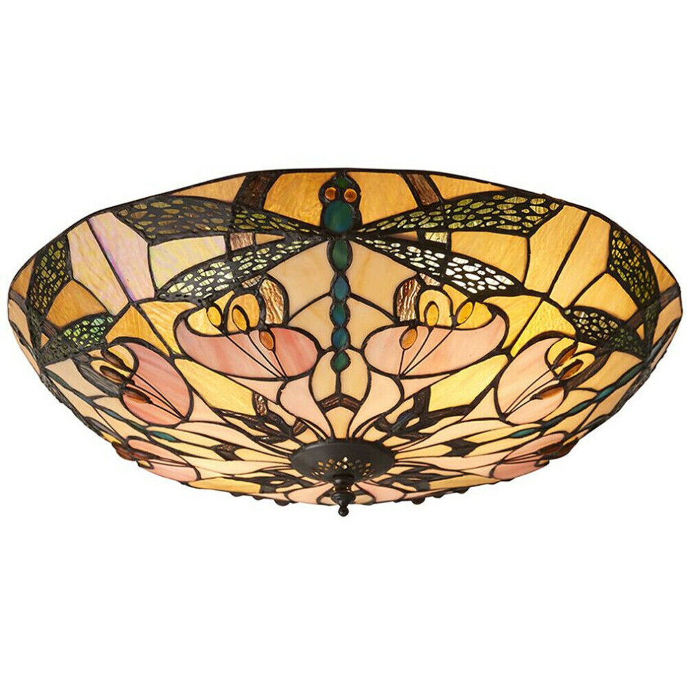 Loops Tiffany Glass Semi Flush Ceiling Dragonfly Round Inverted Shade I00032 Light