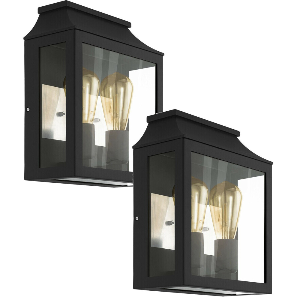 2 PACK IP44 Outdoor Wall Light Black Aluminium Glass Box 60W E27 Porch Lamp