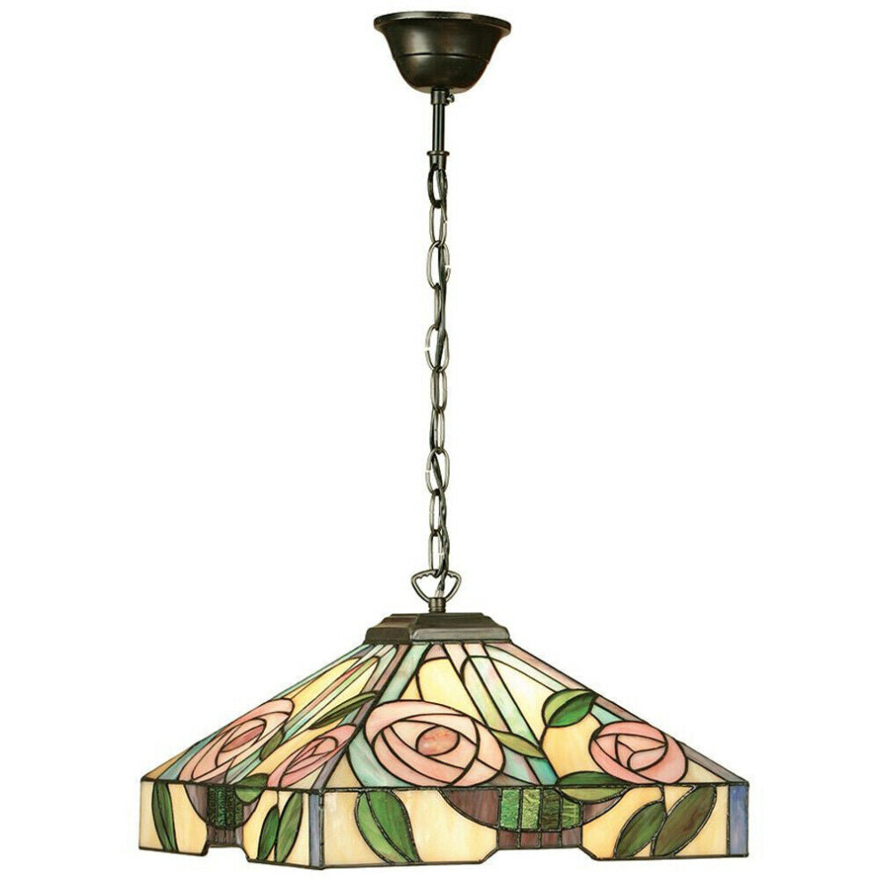 Tiffany Glass Hanging Ceiling Pendant Light Bronze & Square Rose Shade i00156