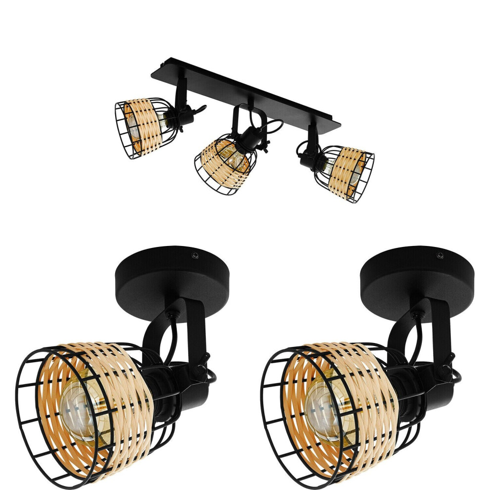 Loops Ceiling Spot Light & 2X Matching Wall Lights Black & Wicker Adjustable Shade