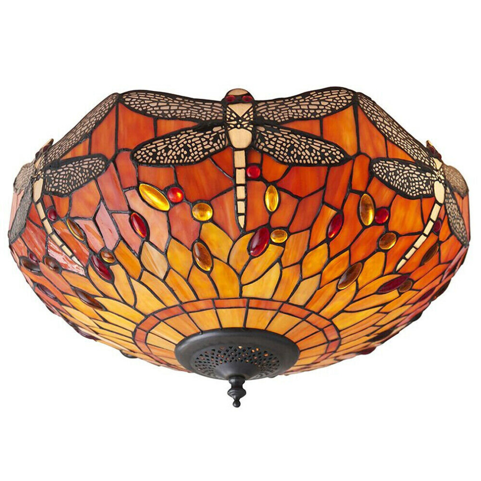 Loops Tiffany Glass Semi Flush Ceiling Flame Dragonfly Inverted Shade I00045 Light