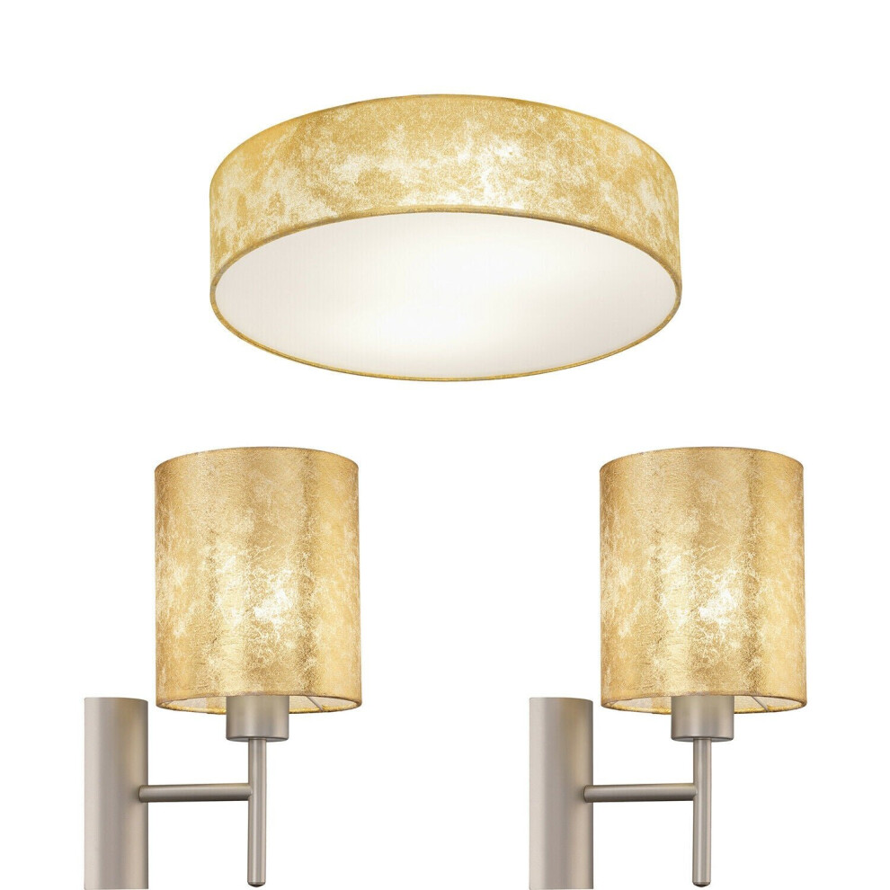 Low Ceiling Light & 2x Matching Wall Lights Gold Fabric Round Trendy Lamp Shade