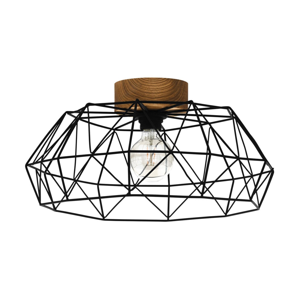 Semi Flush Ceiling Light Black Steel Cage Shade & Wood 1 X 60W E27 Bulb