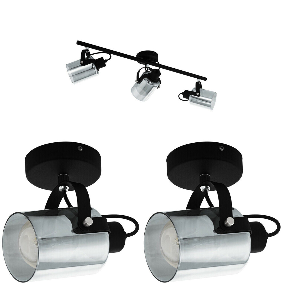 Loops Ceiling Spot Light & 2X Matching Wall Lights Black & Vaporized Glass Adjustable