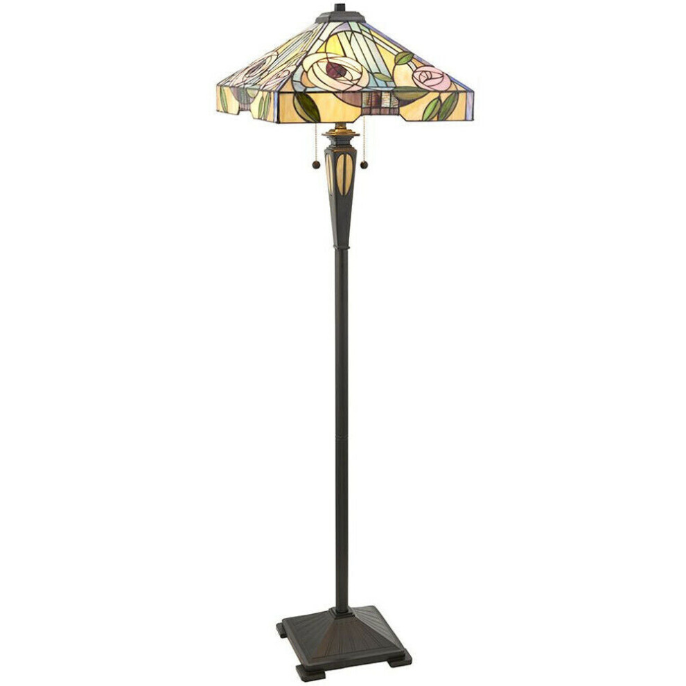 1.5m Tiffany Twin Floor Lamp Dark Bronze & Stained Glass Roses Shade i00029