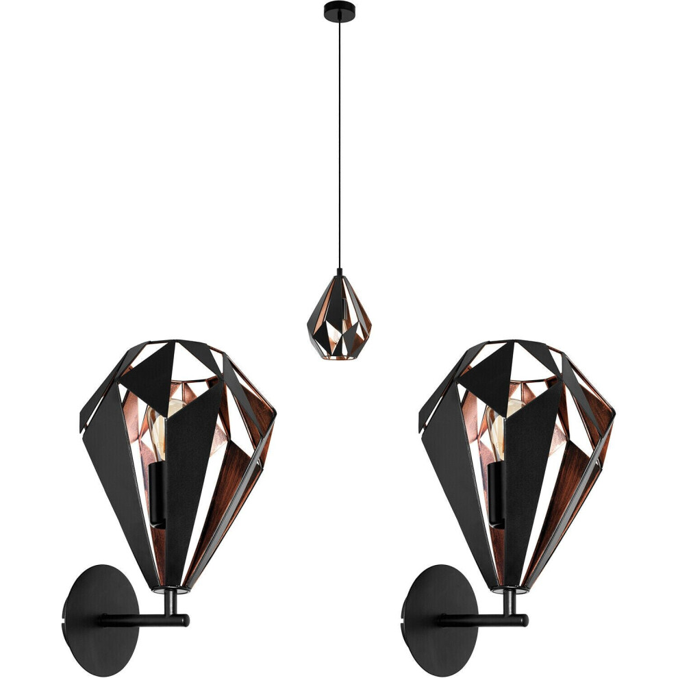 Loops Ceiling Pendant & 2X Matching Wall S & Copper Geometric Shade Light/Black