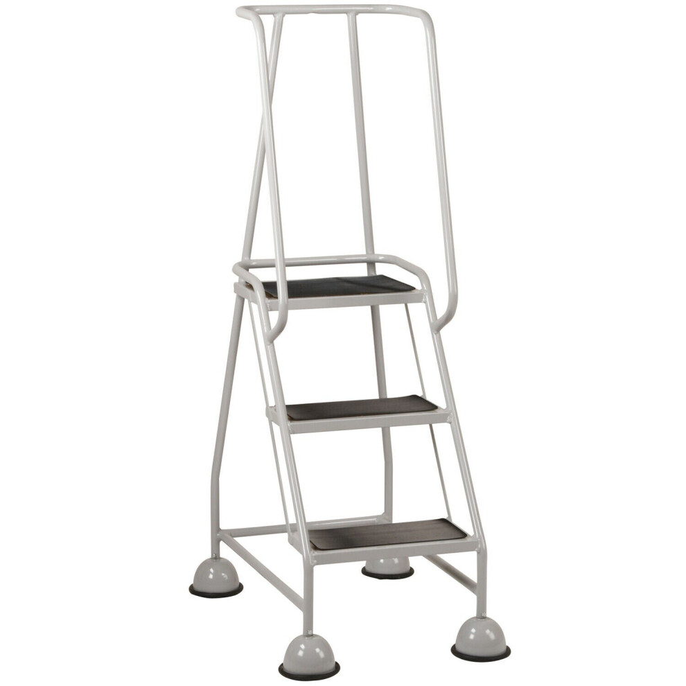 3 Tread Mobile Warehouse Steps GREY 1.43m Portable Safety Ladder & Wheels