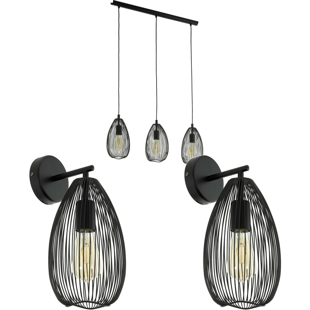 Loops 3 Bulb Ceiling Pendant & 2X Matching Wall Lights Wire Cage Shade Linear Black