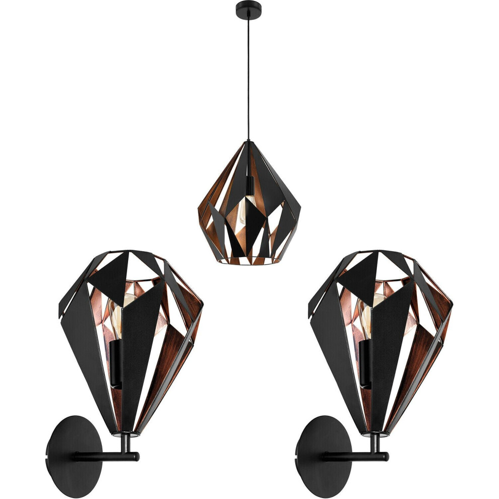 Loops Ceiling Pendant & 2X Matching Wall Lights & Copper Shard Geometric Shade Black