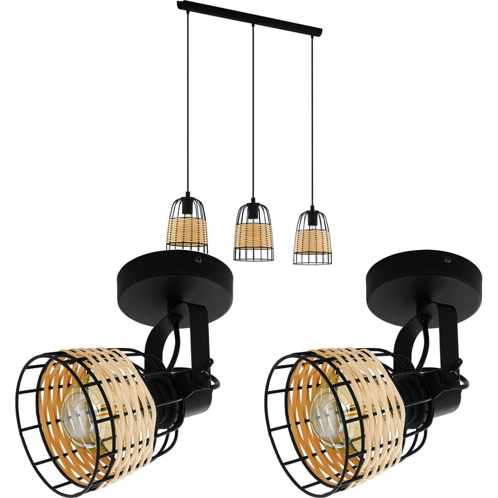 Loops Ceiling Spot Light & 2X Matching Wall Lights Black Wire & Wicker Wood Shade