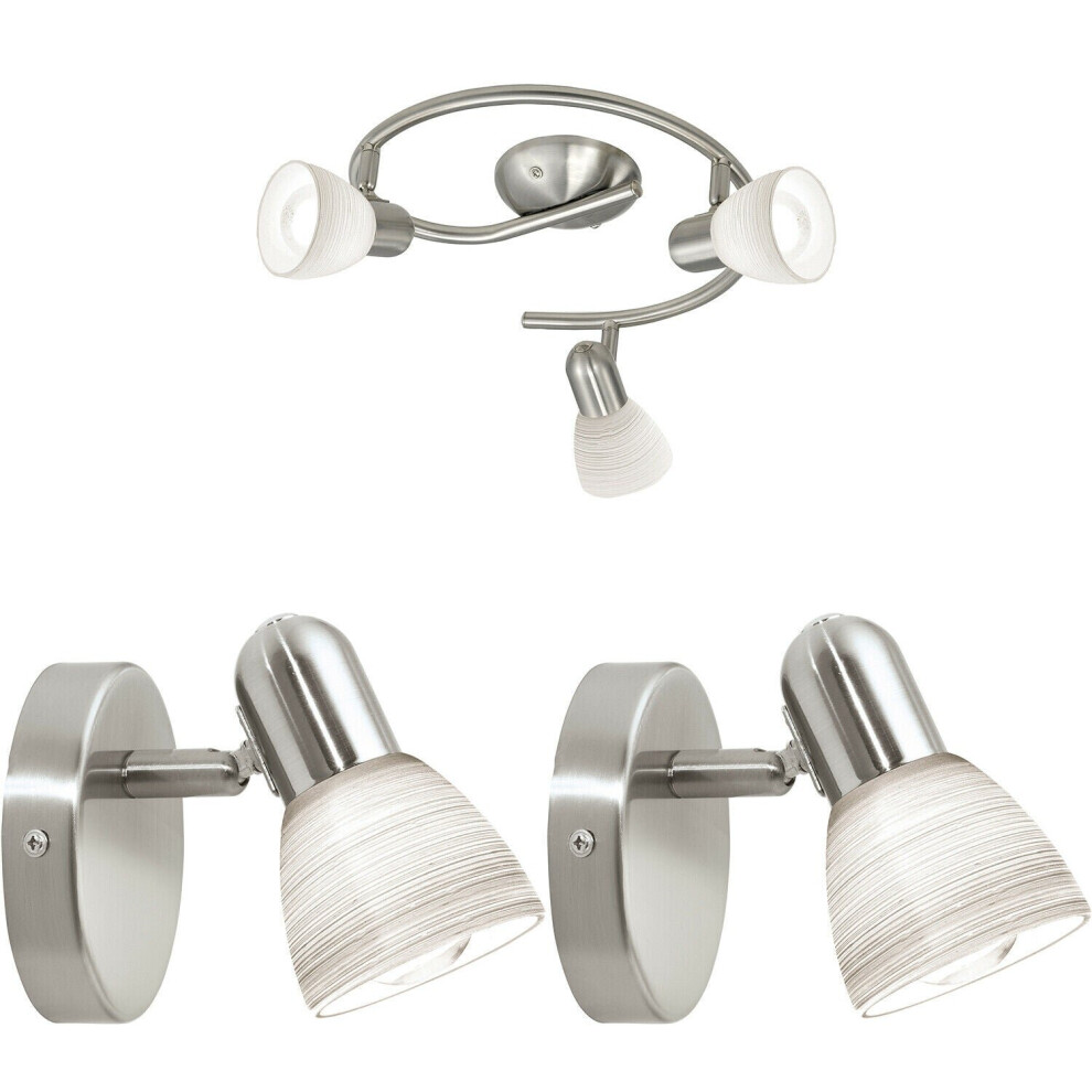 Loops Ceiling Spot & 2X Matching Wall S Round Satin Nickel Opal Glass Lamp Light