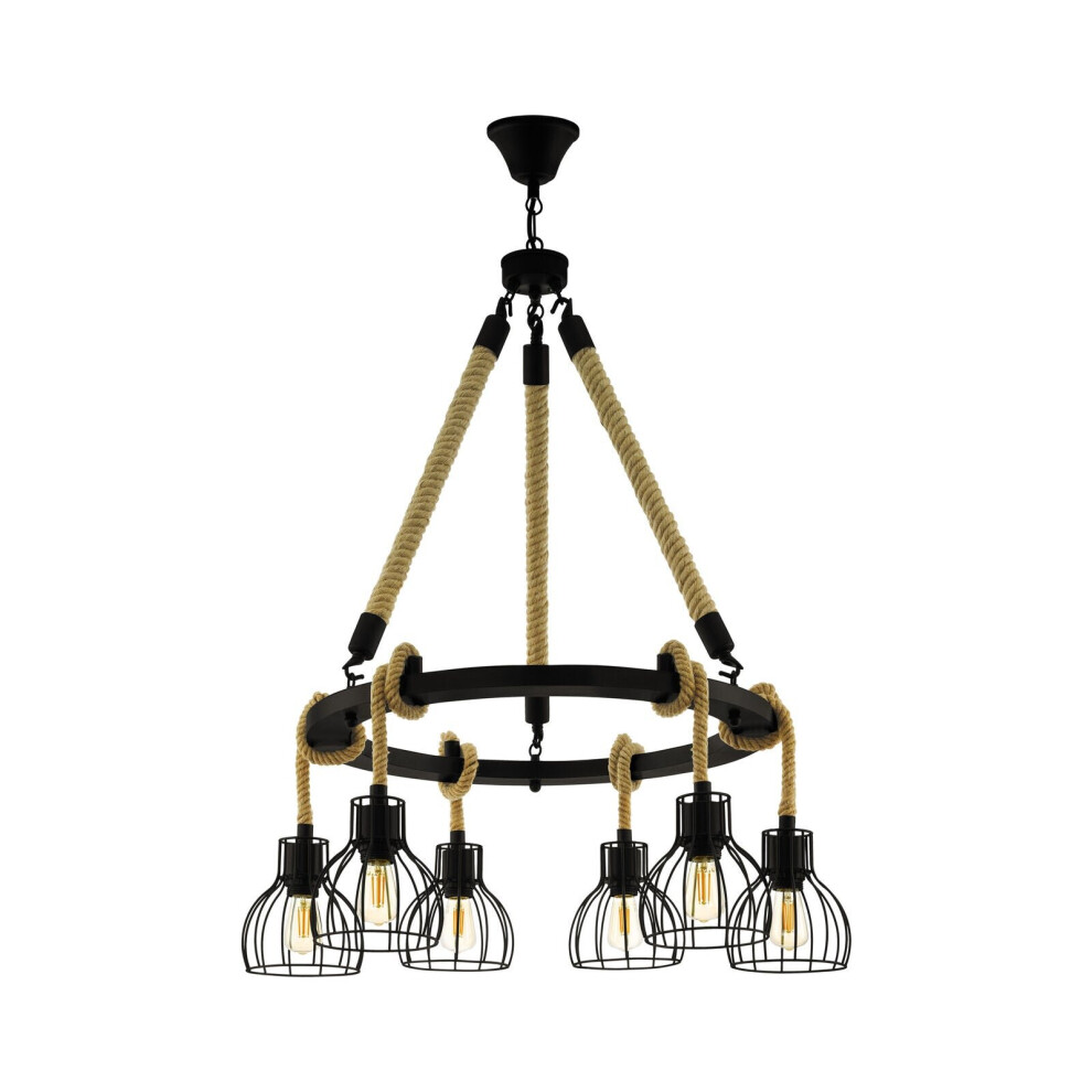 Hanging Ceiling Pendant Light Black & Rope 6x E27 Hallway Feature Chandelier