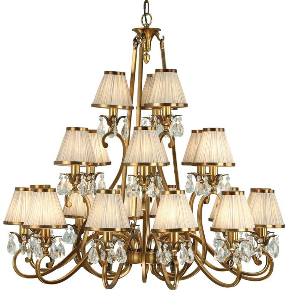 Esher Ceiling Pendant Chandelier Brass Crystal & Beige Shades 21 Lamp Light