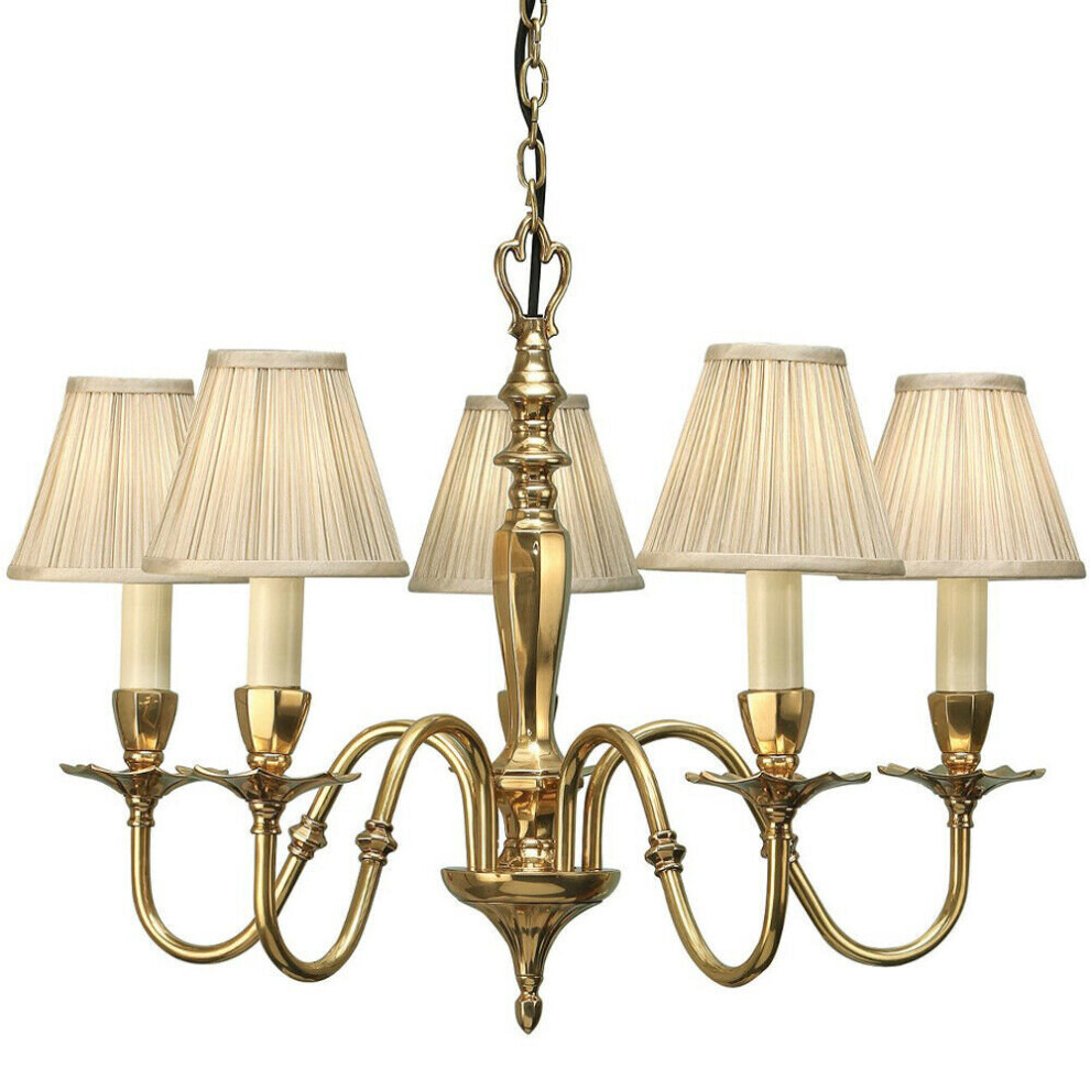 Luxury Hanging Ceiling Pendant Light Solid Brass & Beige Shade 5 Lamp Chandelier