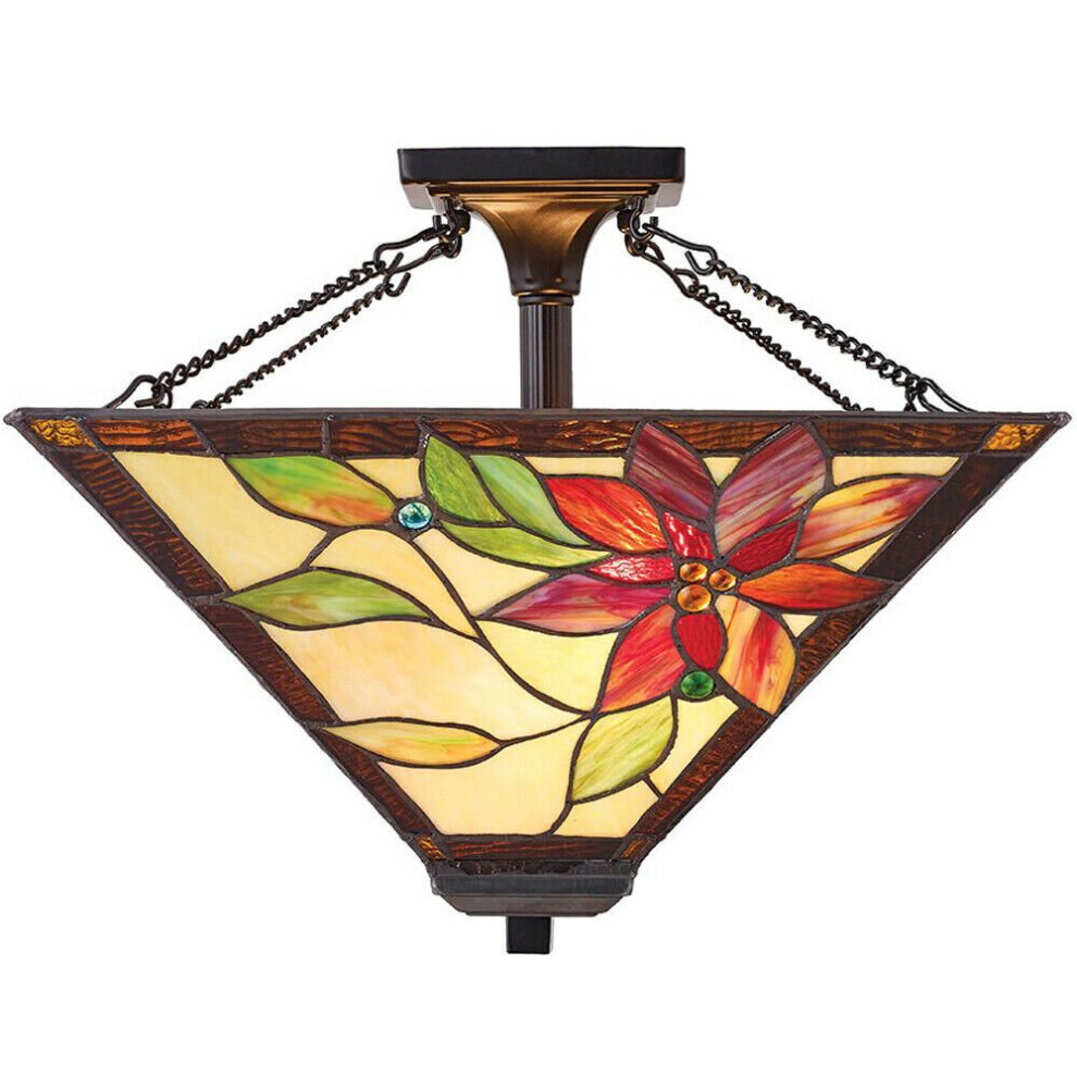 Tiffany Glass Semi Flush Ceiling Light Bronze Floral Inverted Lamp Shade i00160