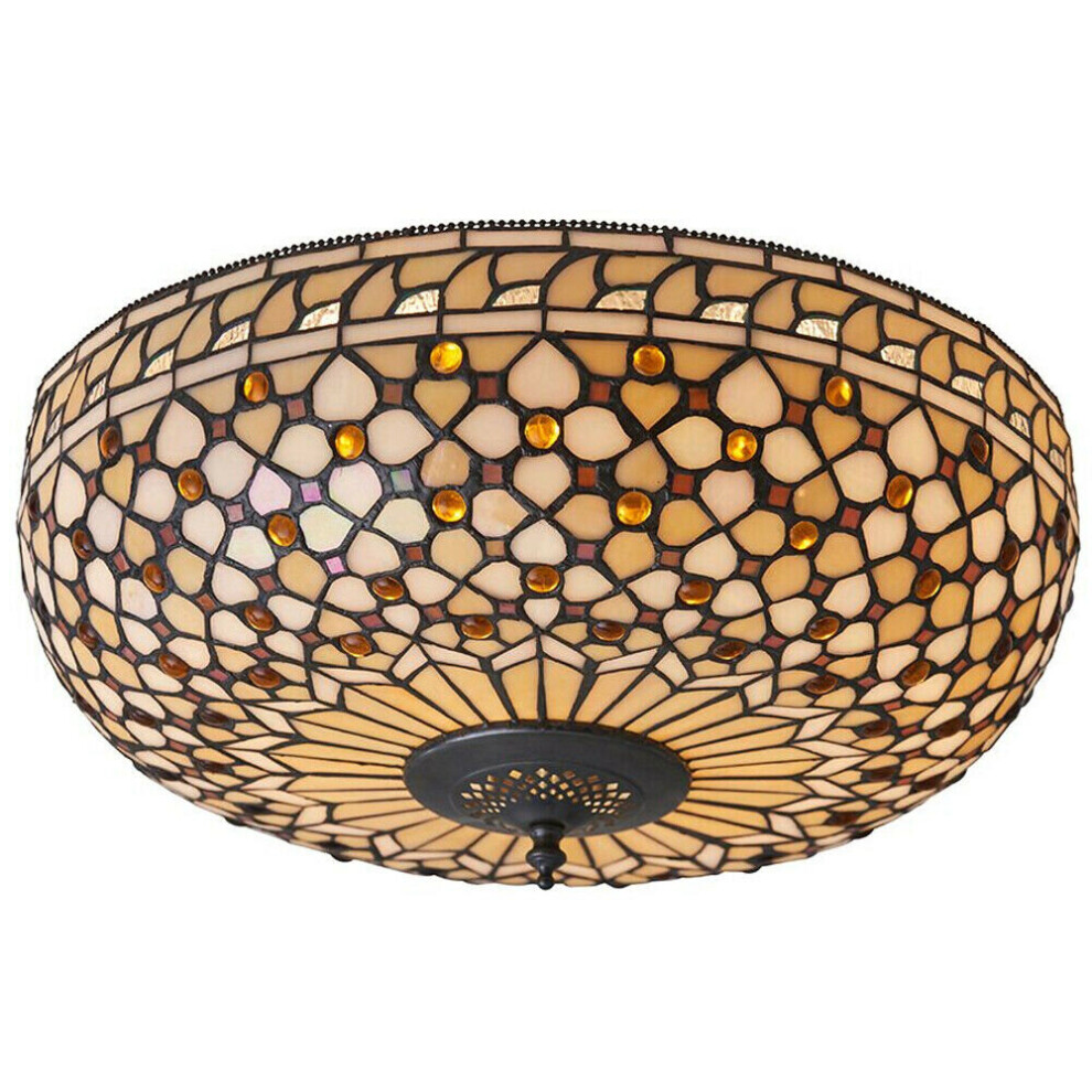 Tiffany Glass Semi Flush Ceiling Light Cream Bronze Round Inverted Shade i00156