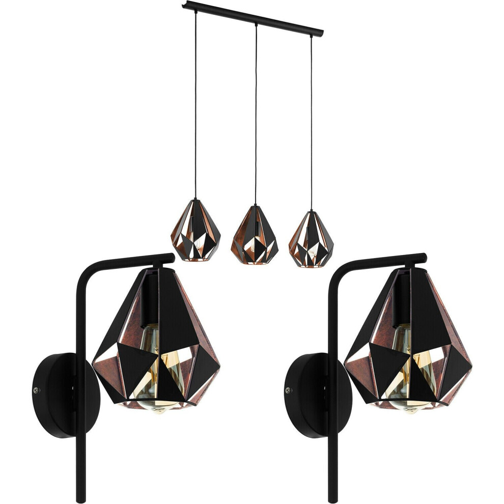 Loops 3 Bulb Ceiling Pendant Light & 2X Matching Wall Lights Black & Copper Geometric