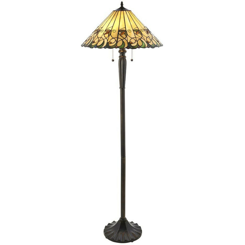 1.6m Tiffany Twin Floor Lamp Dark Bronze & Amber Stained Glass Shade i00017