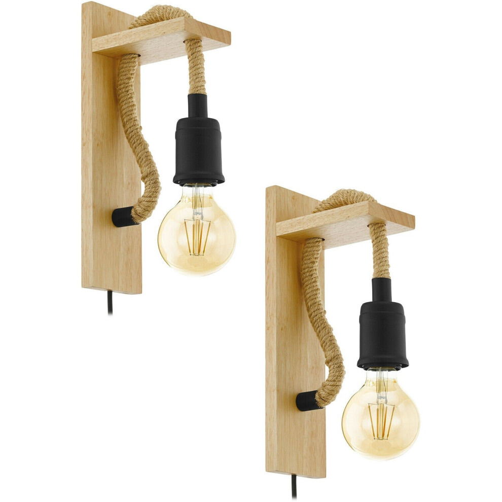 Loops 2 Pack Led Wall Light / Sconce Modern Wood & Rope Hangman Lamp 1X 10W E27