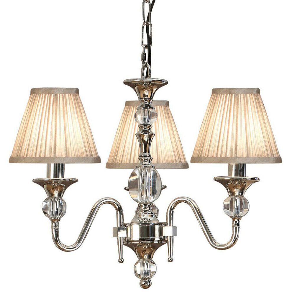 Diana Ceiling Pendant Chandelier Bright Nickel & Beige Pleat Shade 3 Lamp Light