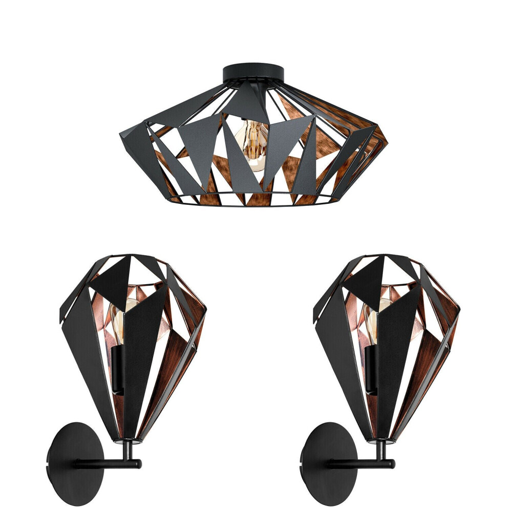 Loops Low Ceiling & 2X Matching Wall S Copper Geometric Lamp Shade Light/Black