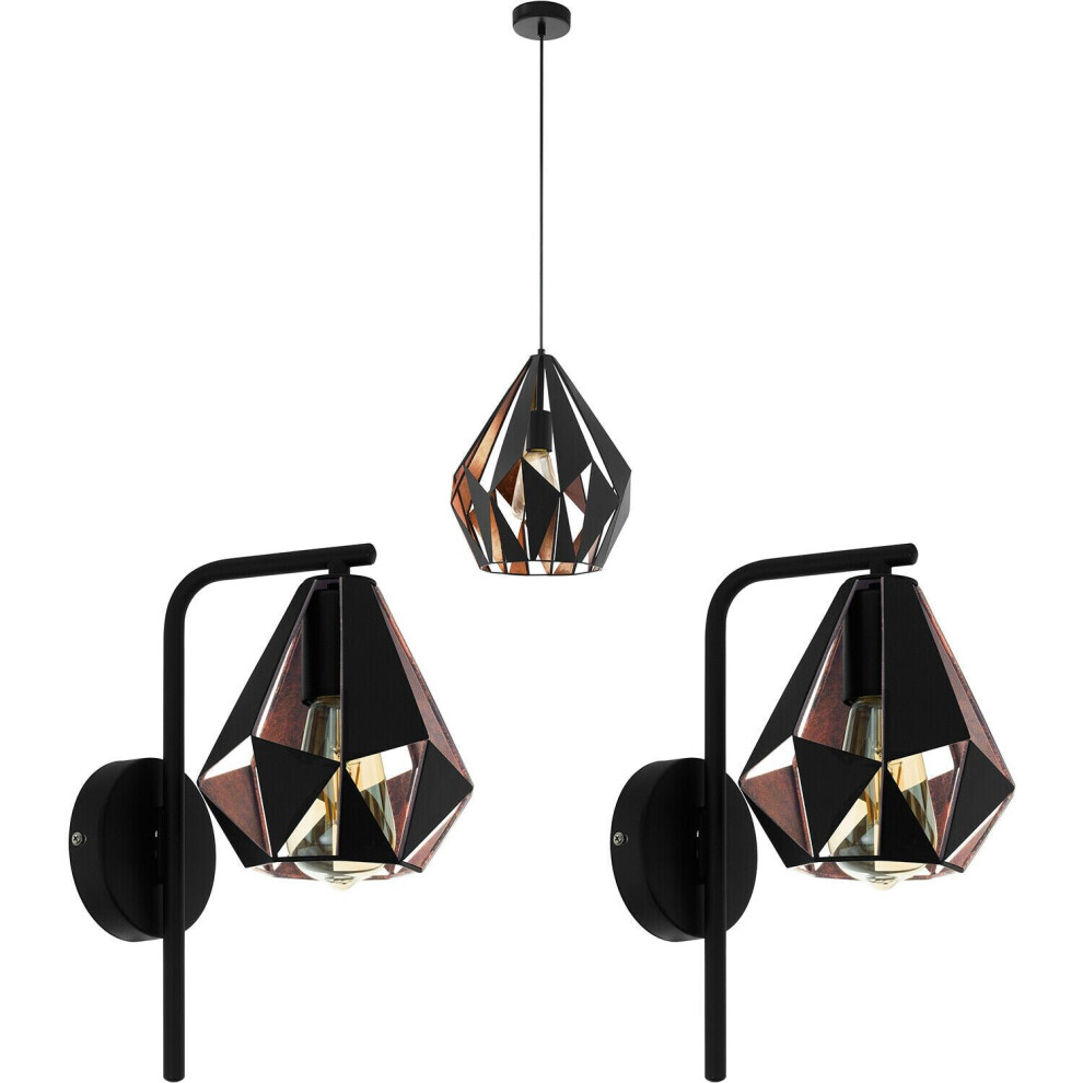 Loops Ceiling Pendant & 2X Matching Wall S & Copper Geometric Shade Light/Black