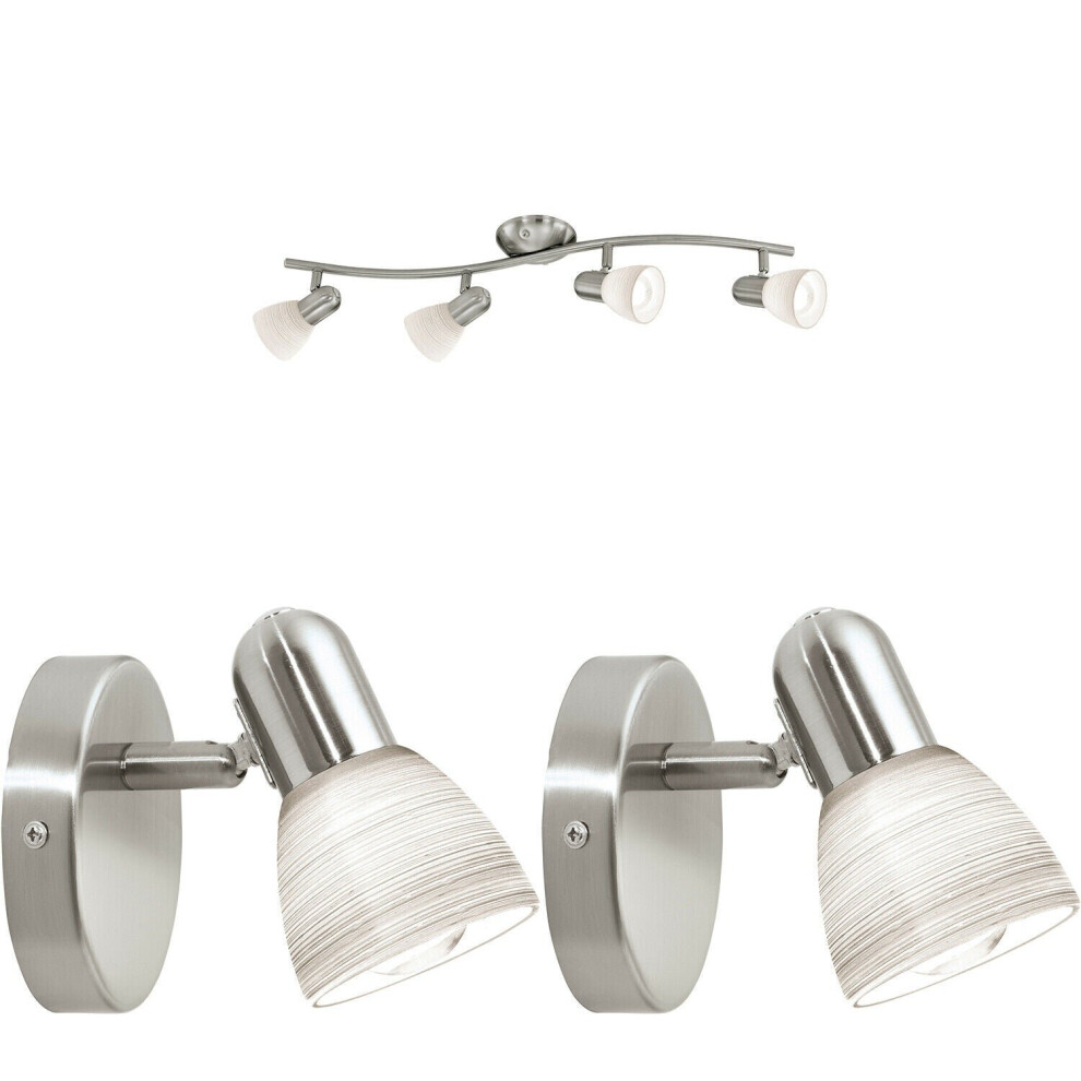 Loops Quad Ceiling Spot & 2X Matching Wall S Satin Nickel Opal Glass Shade Light