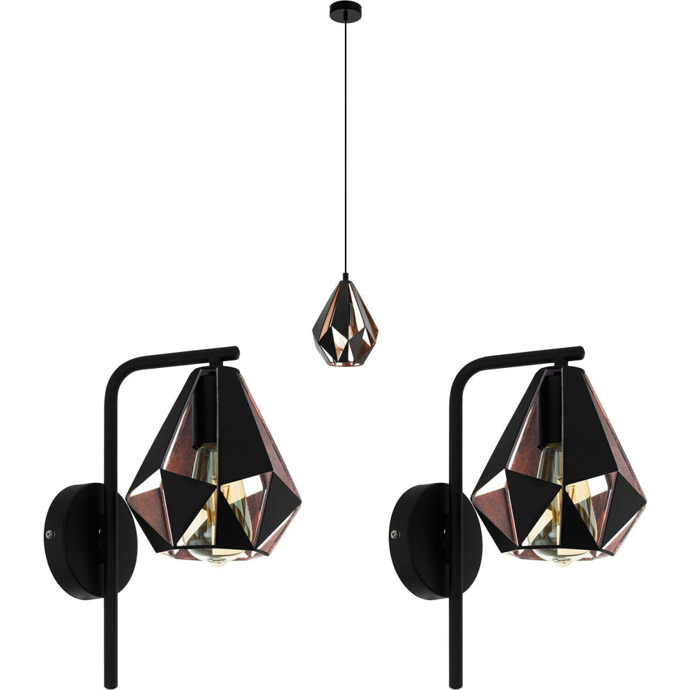 Loops Ceiling Pendant Light & 2X Matching Wall Lights Black & Copper Geometric Shade