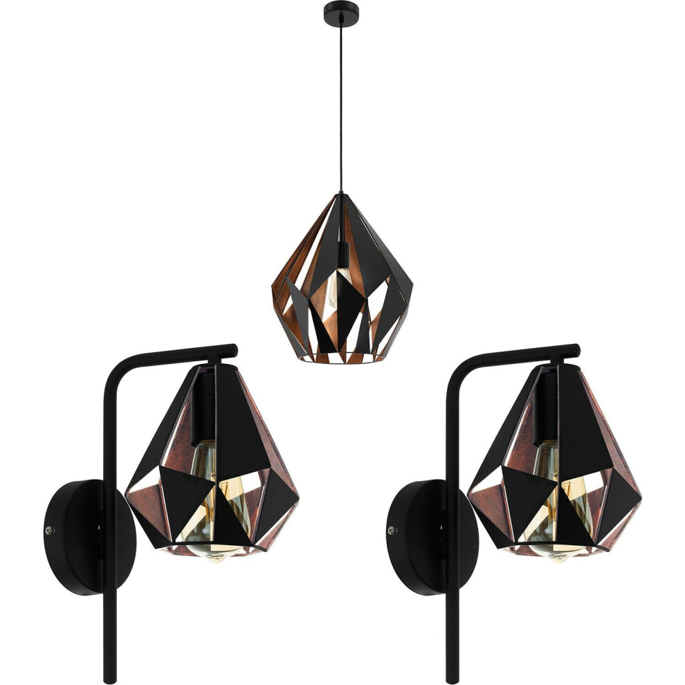 Loops Ceiling Pendant & 2X Matching Wall S Copper Geometric Shade Light/Black
