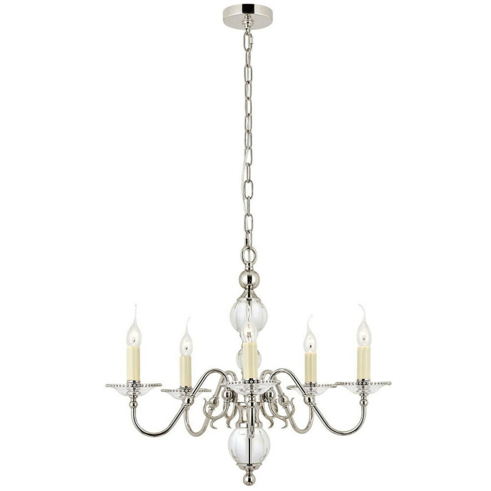 Flemish Ceiling Pendant Chandelier Polished Nickel & Crystal Curved 5 Lamp Light