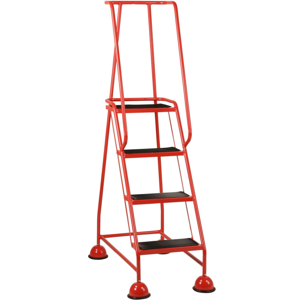 4 Tread Mobile Warehouse Steps -RED- 1.68m Portable Safety Ladder & Wheels