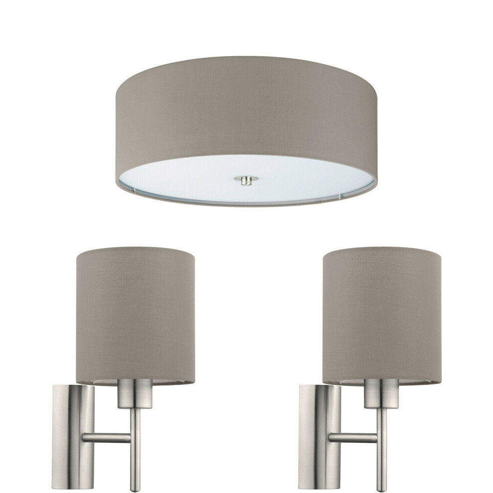 Loops Low Ceiling Light & 2X Matching Wall Lights Taupe Fabric Round Shade Lamp