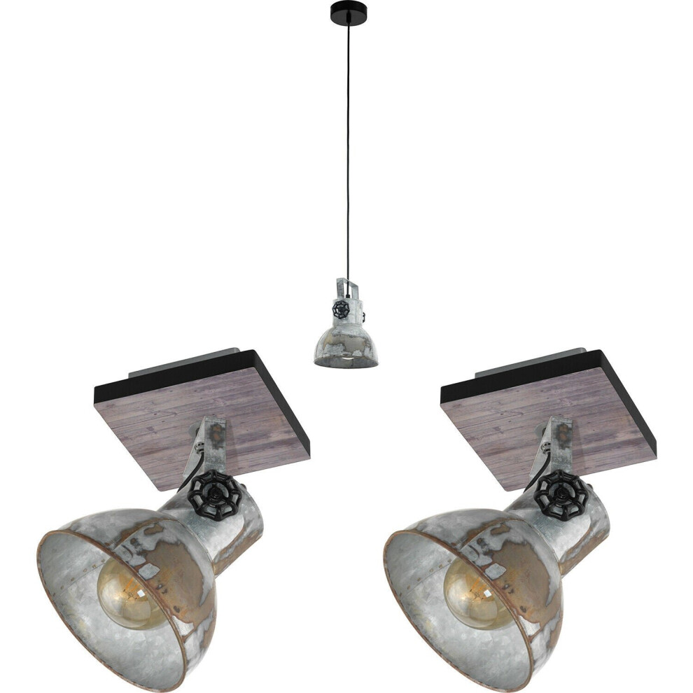 Loops Ceiling Pendant Light & 2X Matching Wall Lights Industrial Raw Steel Lamp Shade