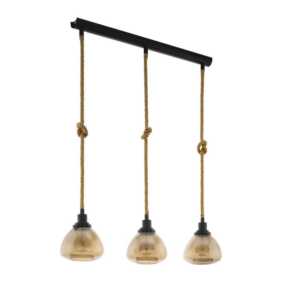 Loops Hanging Ceiling Pendant Glass & Rope 3 Bulb E27 Kitchen Island Light/Amber