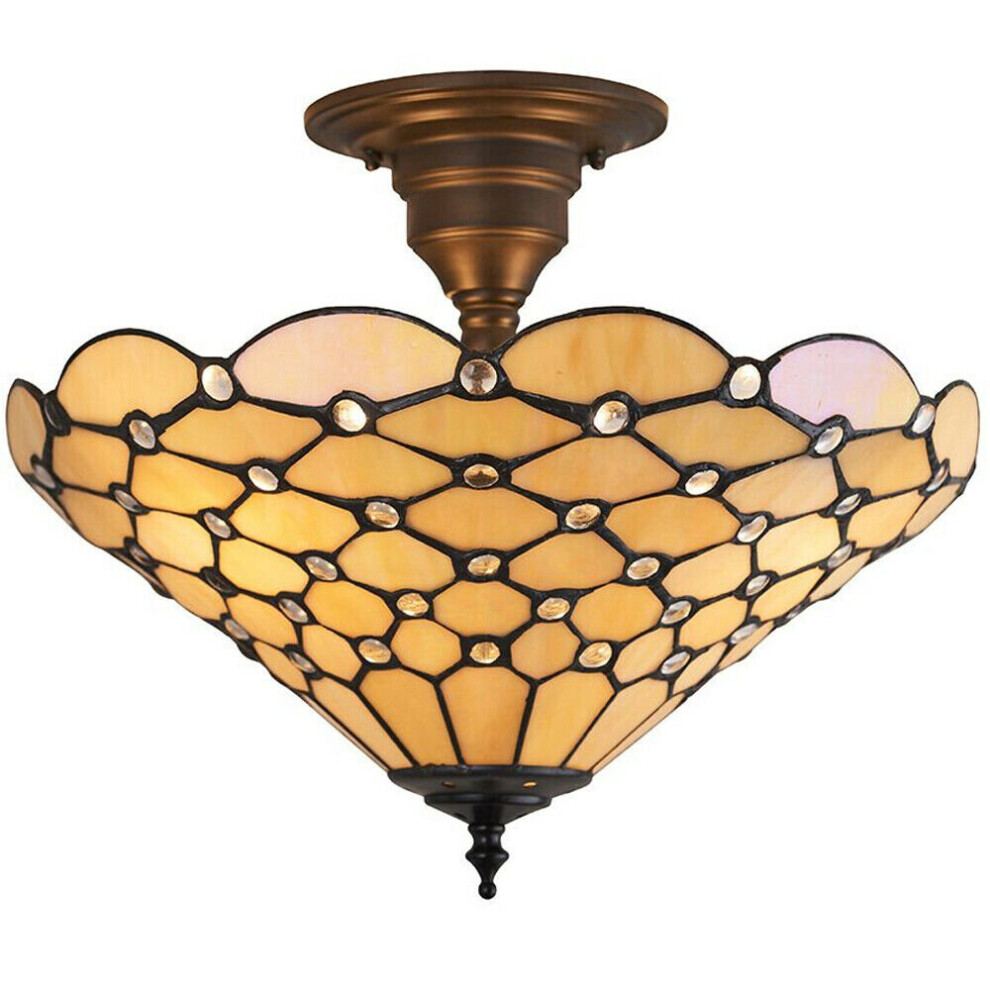 Tiffany Glass Semi Flush Ceiling Light Amber Geometric Inverted Shade i00161
