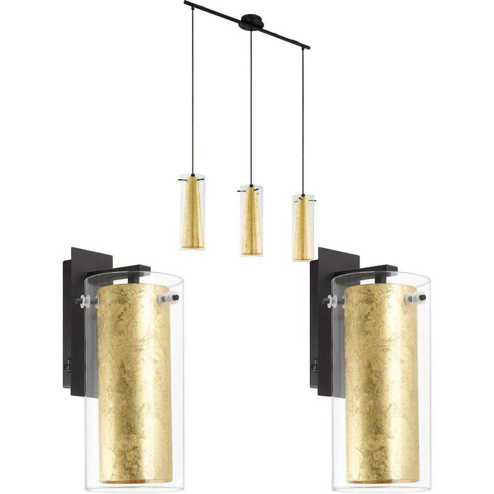 Ceiling Pendant Light & 2x Matching Wall Lights Clear Glass & Gold Shade Lamp