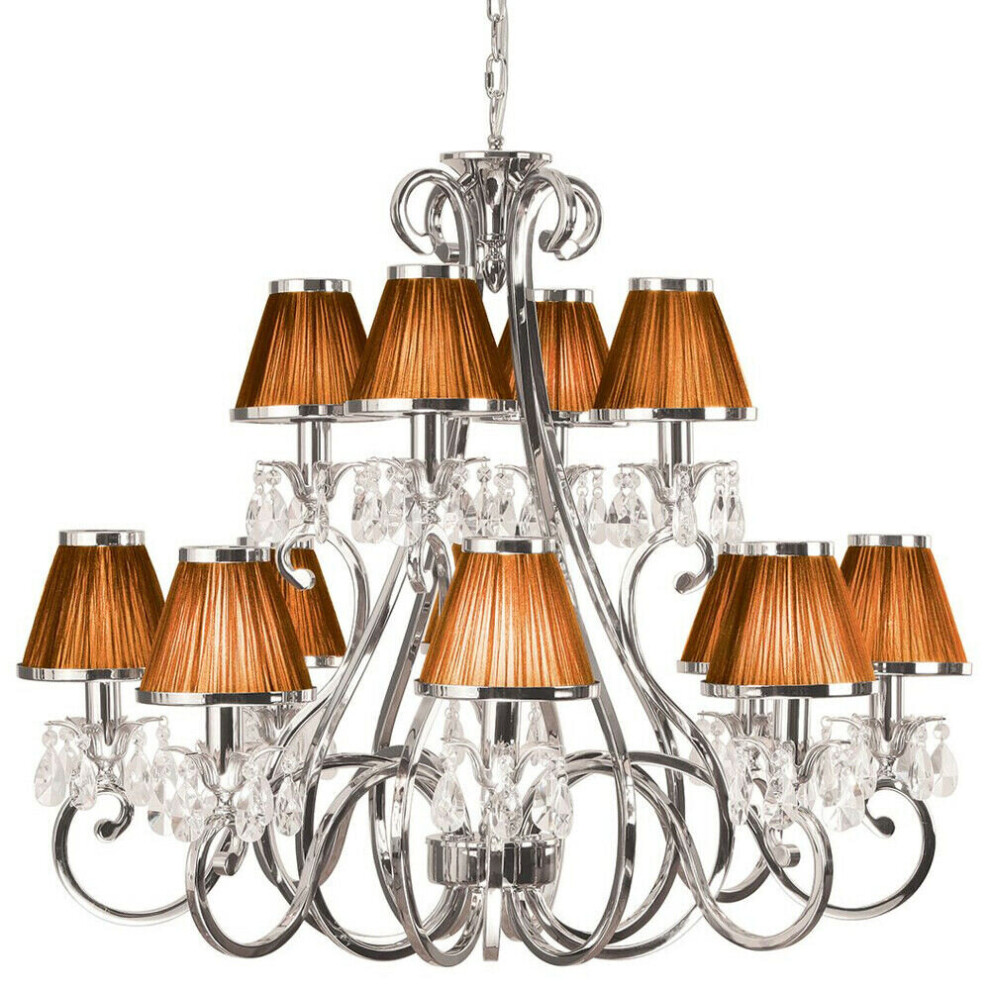 Loops Esher Ceiling Pendant Chandelier Nickel Crystal & Brown Shades 12 Lamp Light