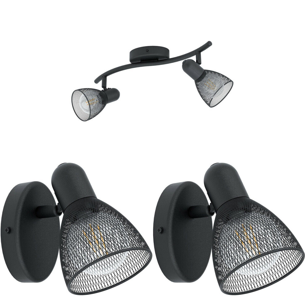 Twin Ceiling Spot Light & 2x Matching Wall Lights Black Mesh Adjustable Head