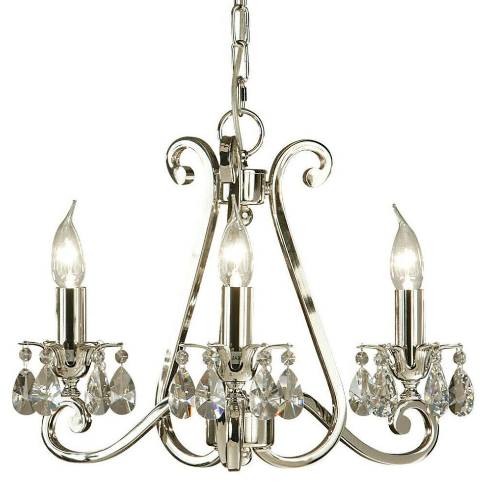 Esher Ceiling Pendant Chandelier Polished Nickel & Crystal Curved 3 Lamp Light