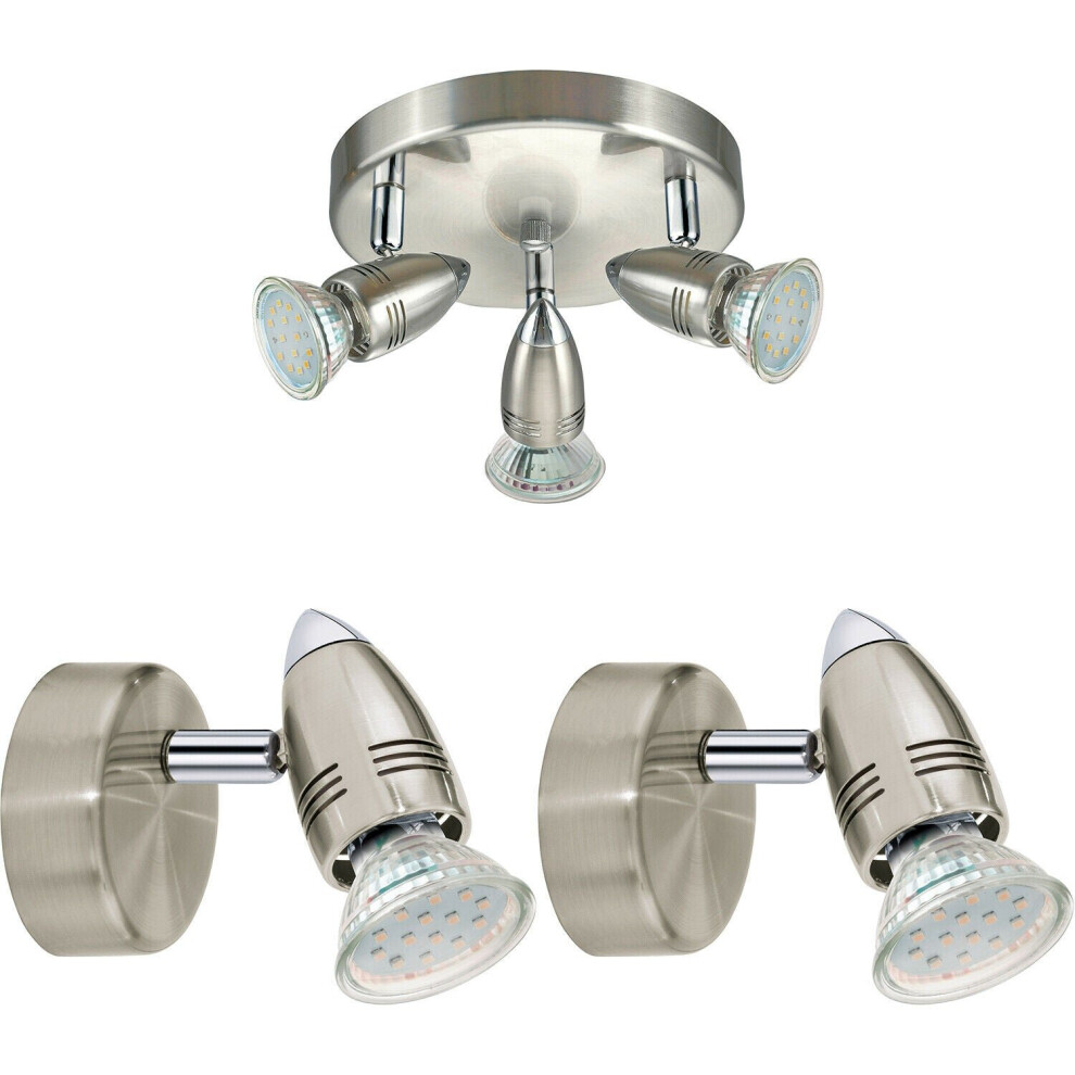 Ceiling Spot Light & 2x Matching Wall Lights Round Satin Nickel Adjustable Head