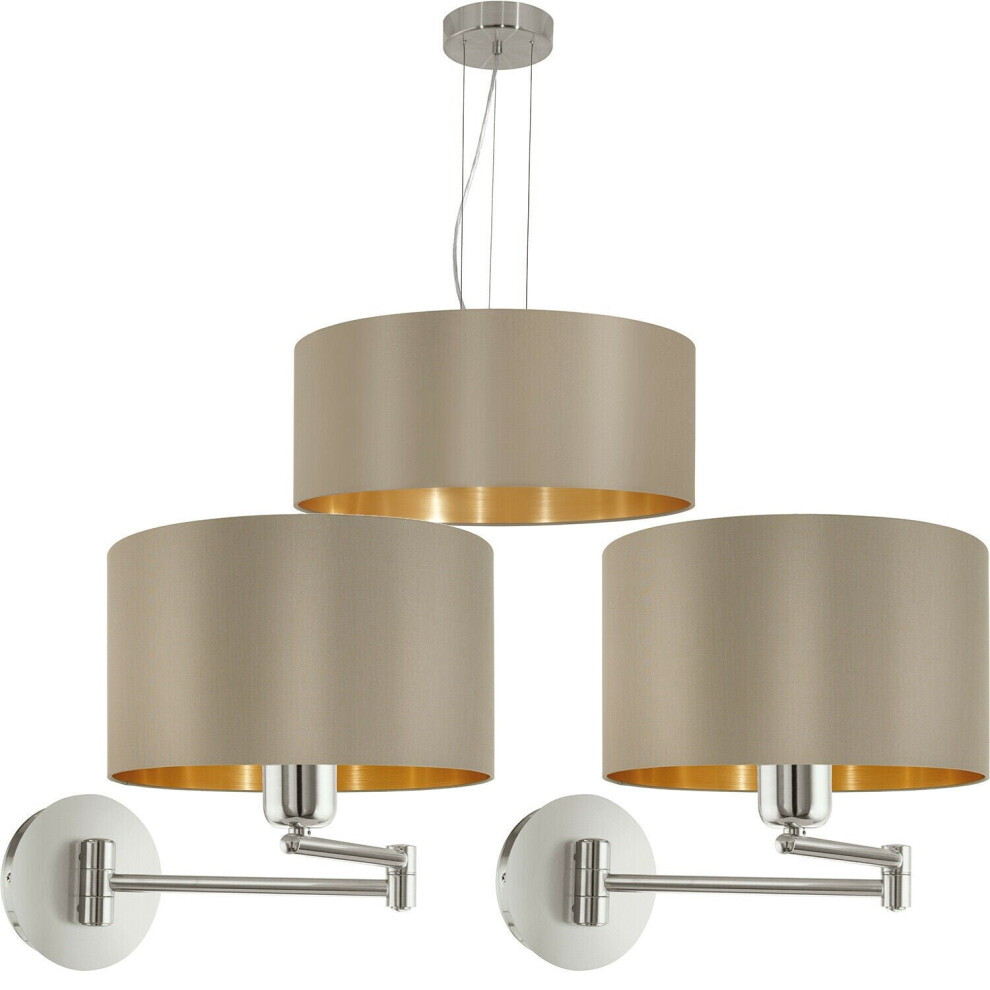 Loops Ceiling Pendant Light & 2X Matching Wall Lights Taupe Gold Fabric Feature Lamp